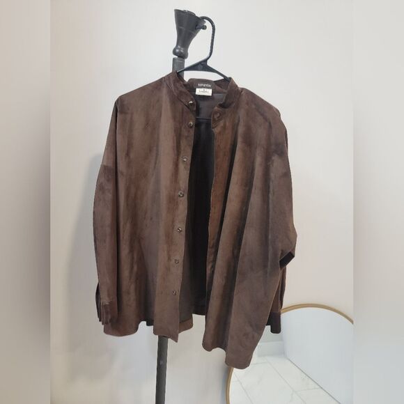 Eskandar Leather Shirt Jacket Shacket Brown Blue Size 0 Women’s